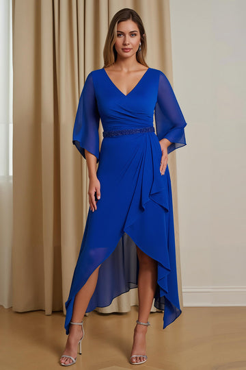 Trapèze bleu royal col en V 3/4 manches mousseline de soie Robe mère de la mariée avec volants